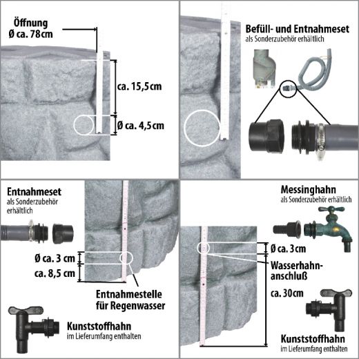 Regentonne Märchenbrunnen. Maße der Zu- und Abläufe. REGENTONNE REGEN FASS WASSER TONNE REGENWASSER TONNE SPEICHER GARTEN