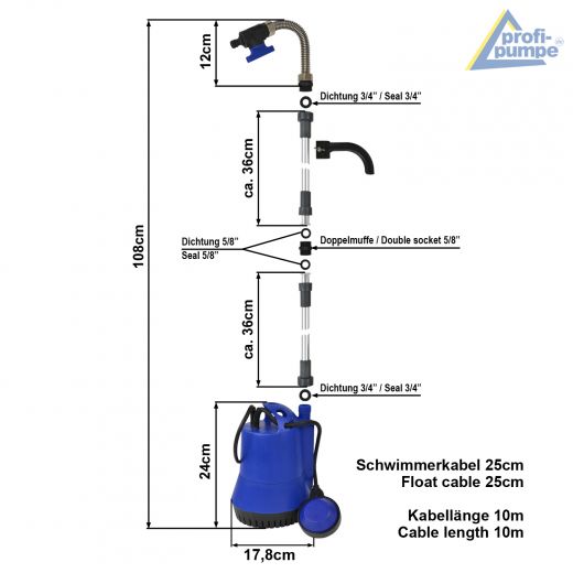 Regentonnen-Tauchpumpe 1,2bar und 2400l/h, 350Watt, flach absaugend, Vorfilter-Sieb, mit Schwimmerschalter, Regenfasspumpe, Tauchpumpe, Wasserpumpe, Regenwasserpumpe, Gartenpumpe, Brauchwasserpumpe