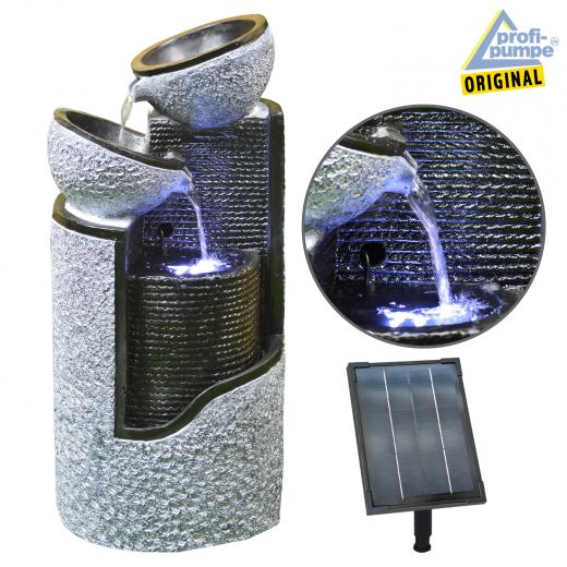 Solar - Brunnen "GRANIT-SÄULE & SCHALEN-3" mit LiIon-Akku & LED-Licht