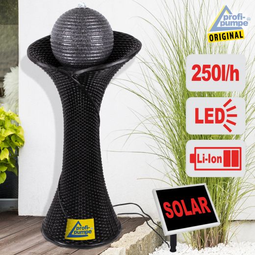 Solar - Brunnen RATTAN-3-2 schwarz mit Li-Ion-Akku & LED-Licht