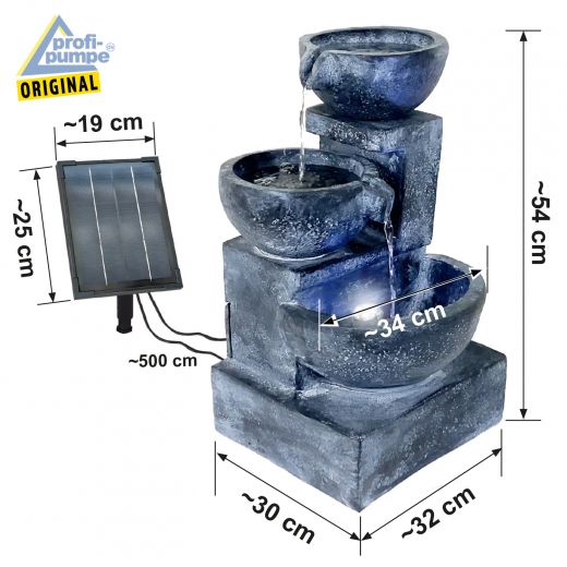Solar - Brunnen "GRANITSCHALEN-KASKADE-3" - Abmessungen