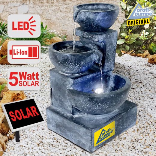  Solar-Brunnen GRANITSCHALEN-KASKADE-3 mit Li-Ion-Akku und LED-Licht