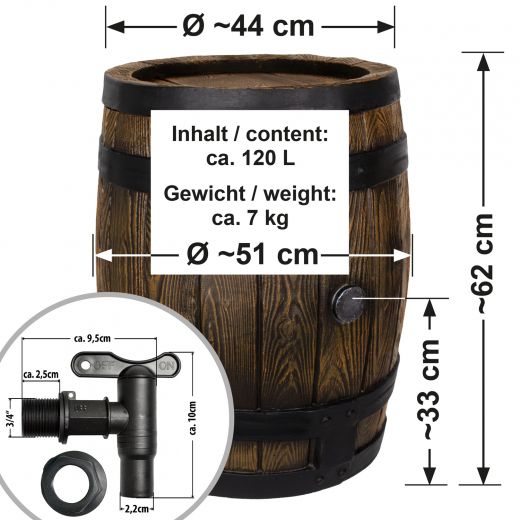 Regentonne Eichenfass 120L mit Auslaufhahn Abmessungen