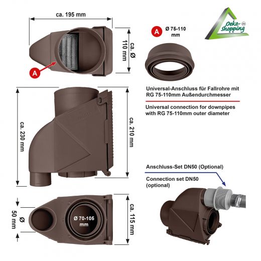 Regen-Filter T 50 Kupfer-Braun, Regenfilter, REGENSAMMLER REGENWASSER SAMMLER FÜLLAUTOMAT FALLROHRFILTER REGEN, Laubabscheider