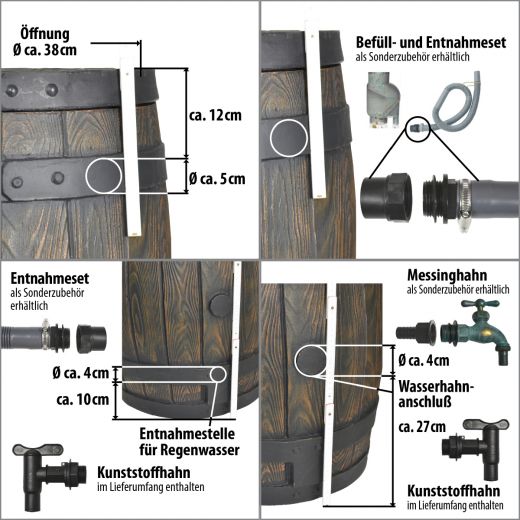 Regentonne Eichenfass 120l, Maße der Zu- und Abläufe. REGENTONNE REGEN FASS WASSER TONNE REGENWASSER TONNE SPEICHER GARTEN