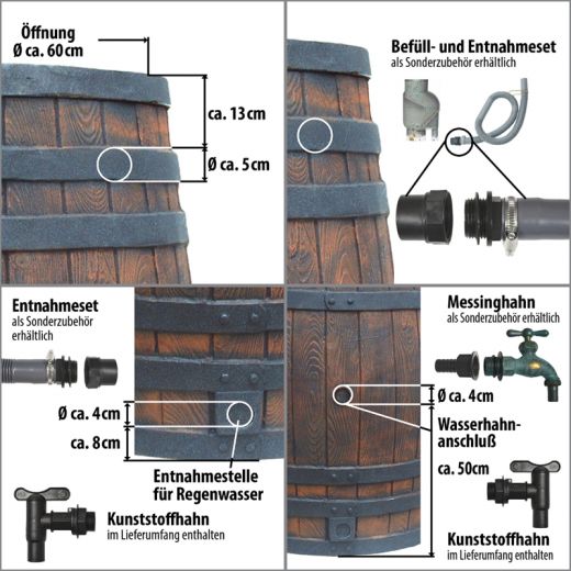 Regentonne Eichenfass 450l Anschlussmassen