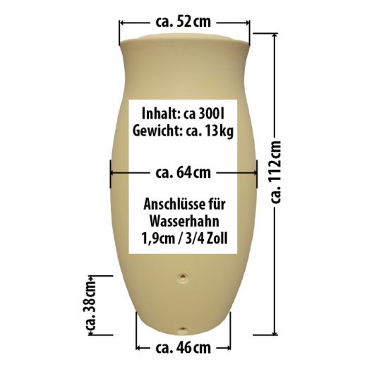 Regentonne Amphore Maja 300l beige, Abmessungen und Volumen