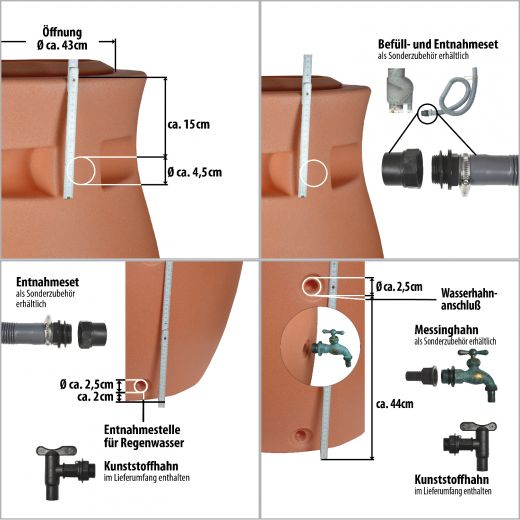 Regentonne Amphore Maja 500l terracotta, Zu- und Abläufe mit Bemaßung