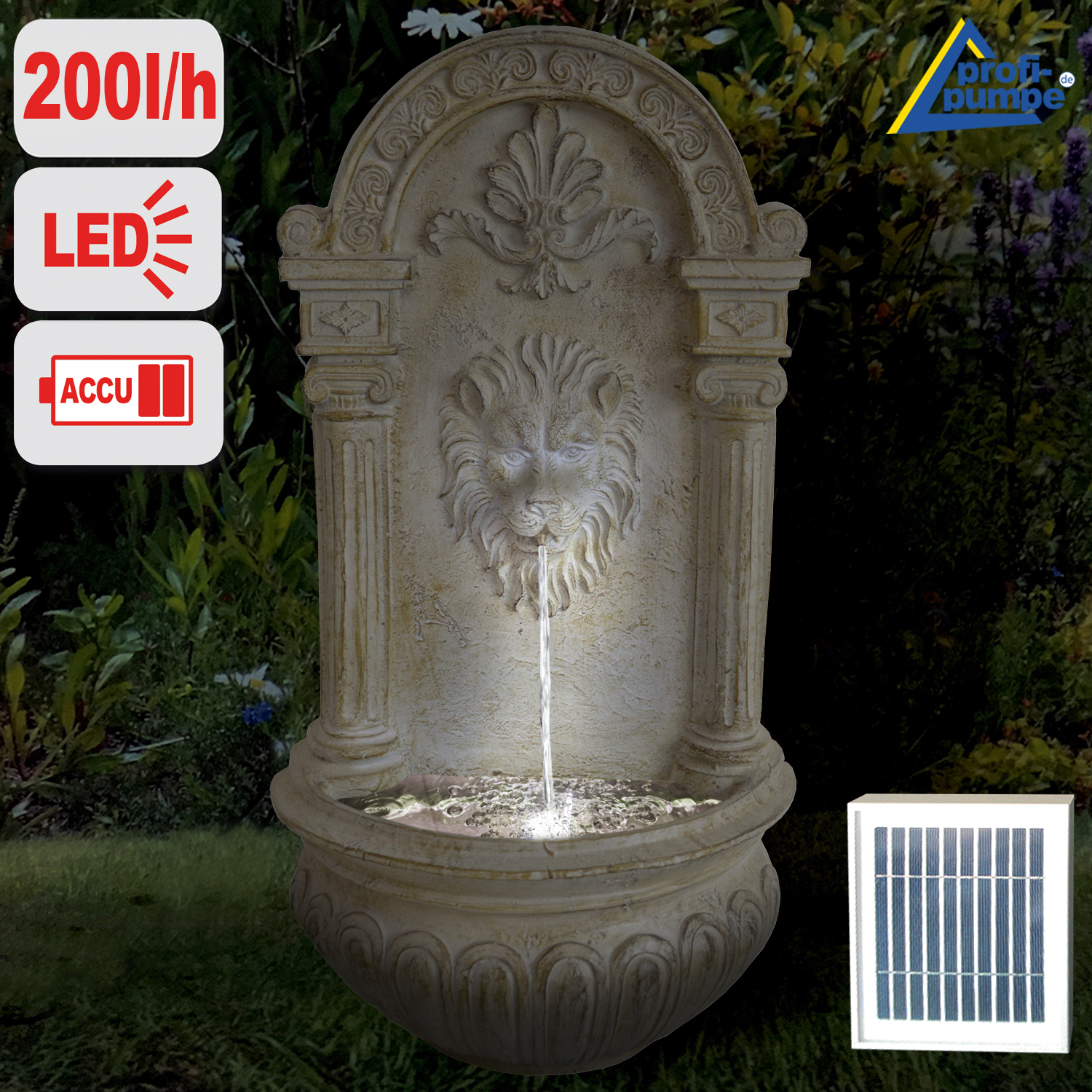Solar GARTEN & WANDBRUNNEN "LÖWENBRUNNEN" mit LEDLicht