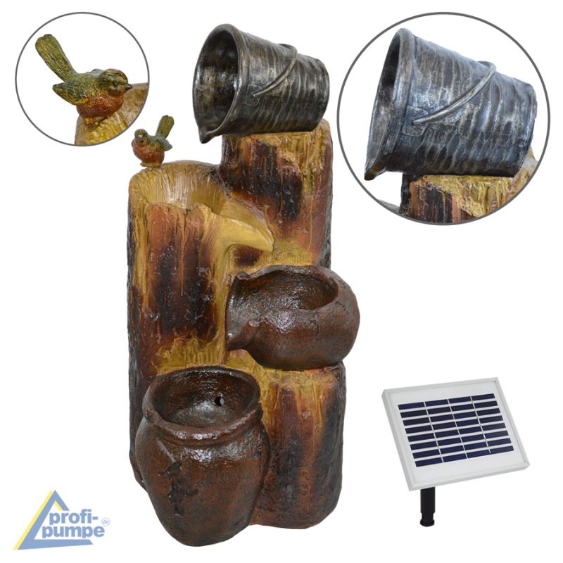 Solar - Brunnen Wasserspiel BAUMSTUMPF & TONKRÜGE-3 mit Li-Ion-Akku & LED-Licht (Neu)