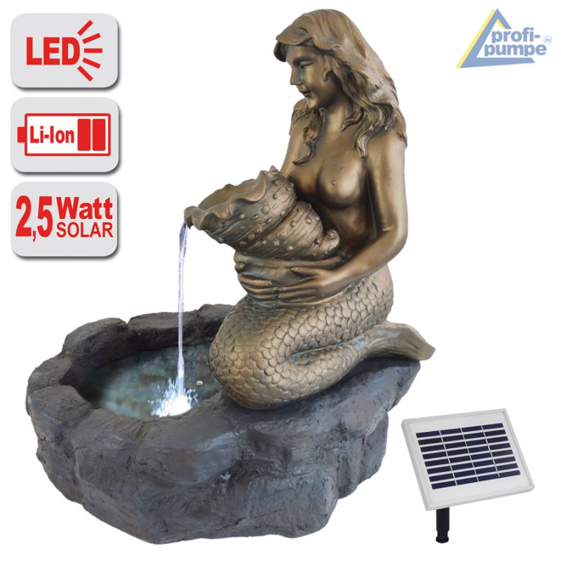 Solar - Teichbrunnen MEERJUNGFRAU am TEICH-3 mit LiIon-Akku & LED Licht
