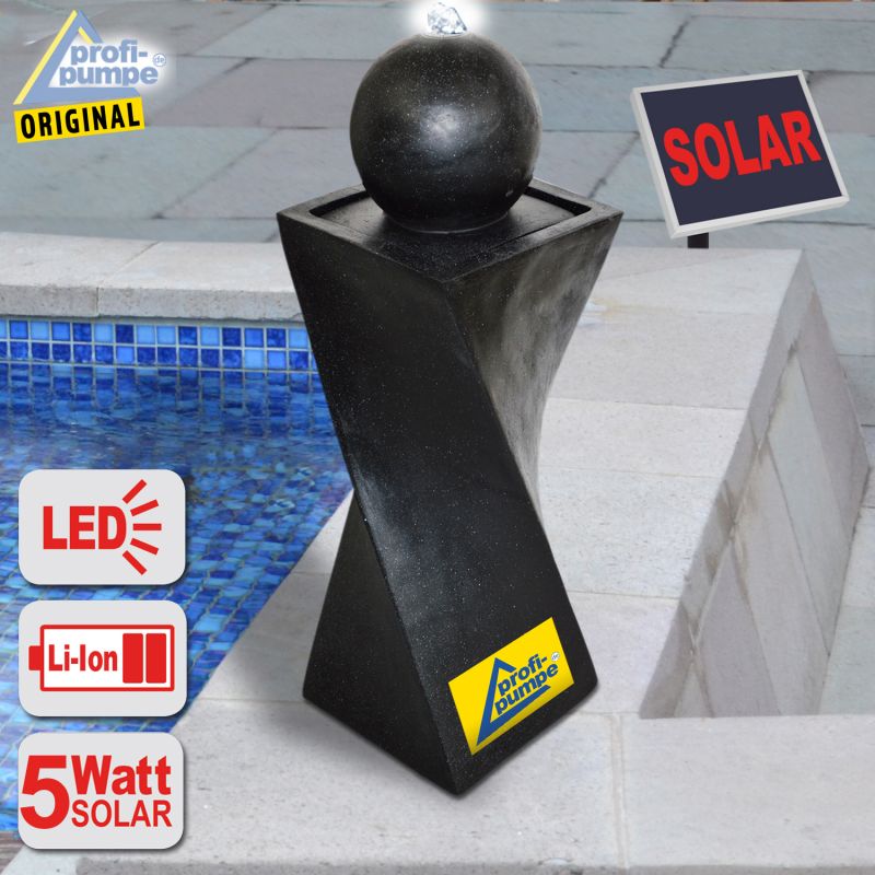 Solar - Brunnen GRANIT-BLACK-3 mit Li-Ion-Akku & LED-Licht