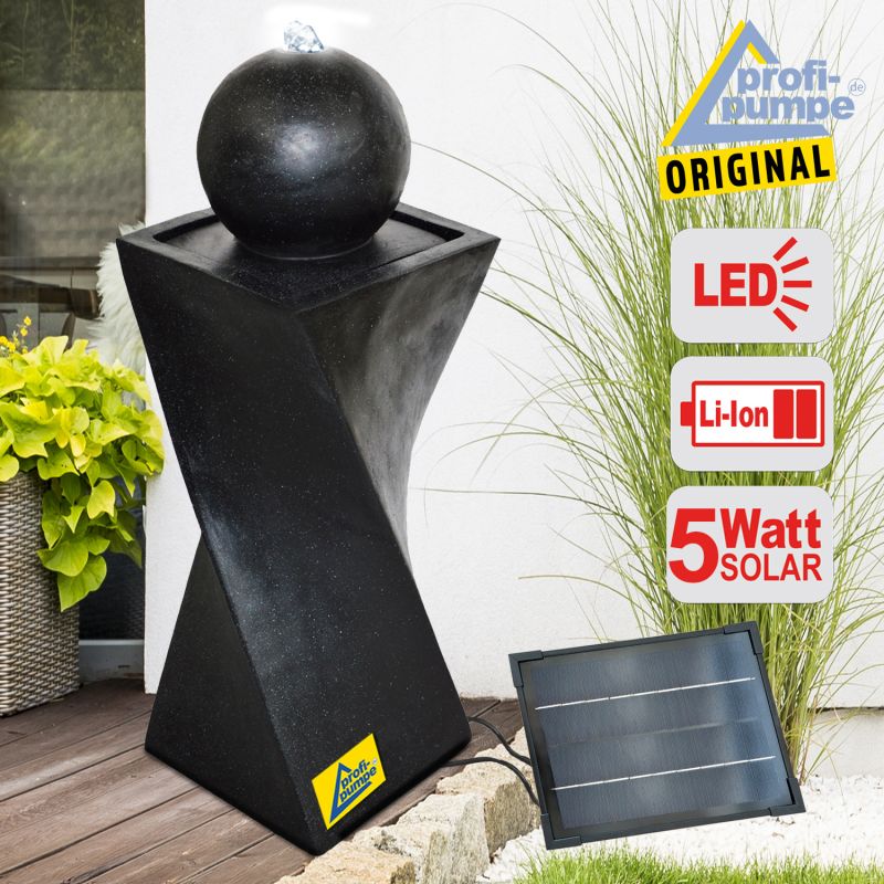  Solar - Brunnen GRANIT-BLACK-3 mit Li-Ion-Akku und LED-Licht