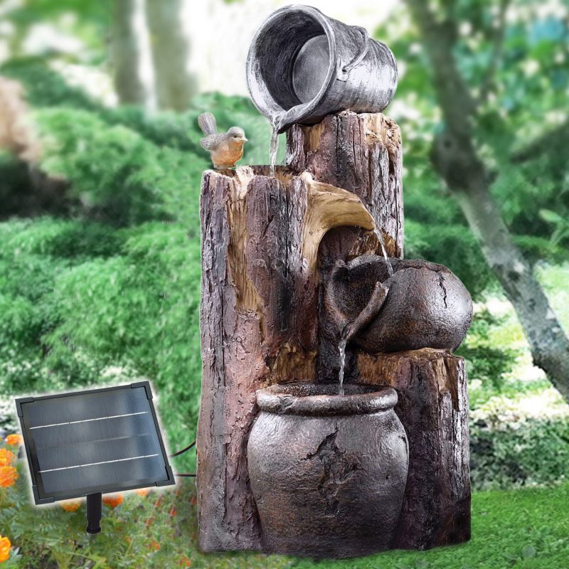 Solar - Brunnen Wasserspiel BAUMSTUMPF & TONKRÜGE-3 mit Li-Ion-Akku & LED-Licht (Neu)