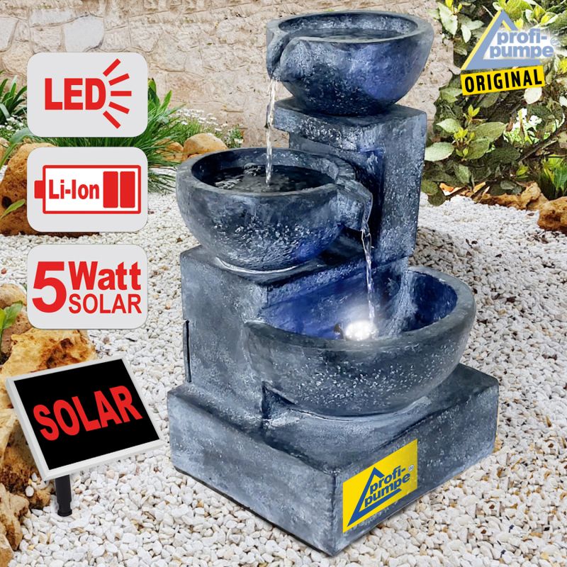  Solar-Brunnen GRANITSCHALEN-KASKADE-3 mit Li-Ion-Akku und LED-Licht