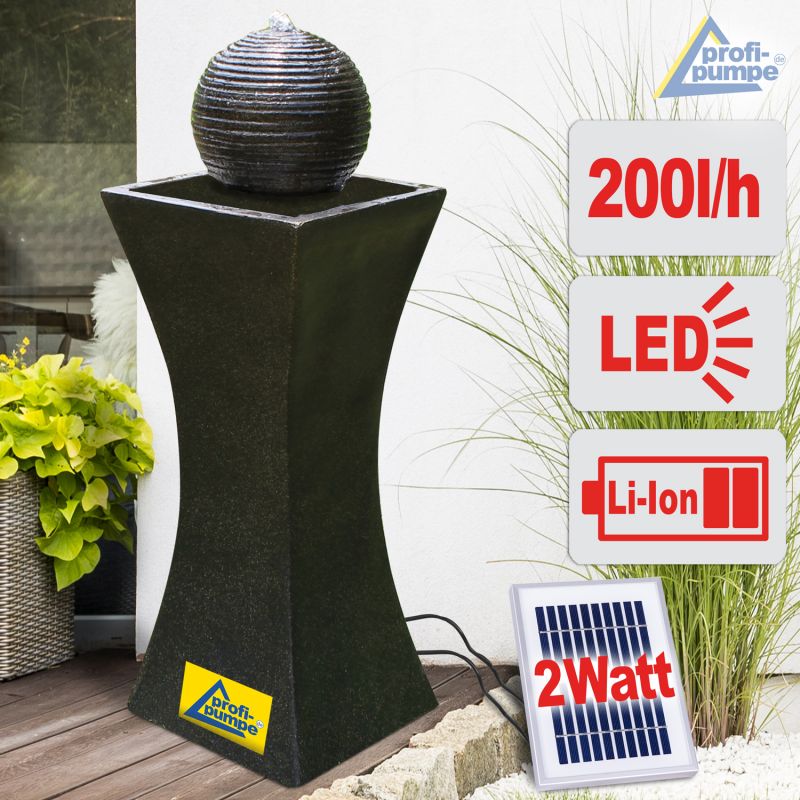 Solar Gartenbrunnen ELEGANTIA Quellkugelbrunnen mit LED-Licht und Li-Ion-Akku