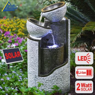 Solar - Brunnen GRANIT-SÄULE & SCHALEN-2 mit LiIon-Akku & LED-Licht (neu)