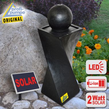 Solar - Brunnen GRANIT-BLACK-2 mit LiIon-Akku & LED-Licht