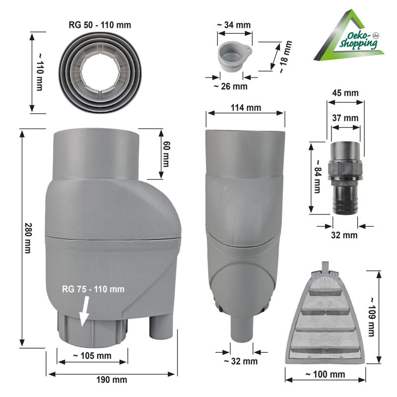 Fallrohrfilter T33 zink-grau Fallrohrfilter T33 zink-grau, Regenfilter, REGENSAMMLER REGENWASSER SAMMLER FÜLLAUTOMAT FALLROHRFILTER REGEN, Laubabscheider
