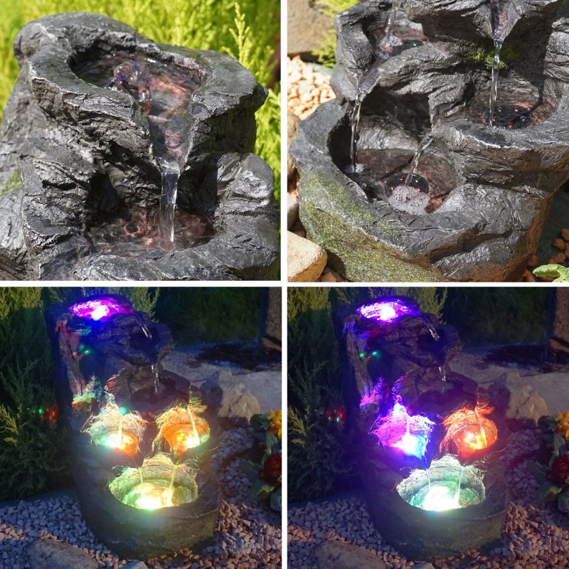Gartenbrunnen FELS-KASKADE mit Pumpe und 4 RGB LED-Licht-230V GARTENBRUNNEN ZIERBRUNNEN VOGELBAD WASSERFALL GARTENLEUCHTE TEICHPUMPE - SPRINGBRUNNEN WASSERSPIEL