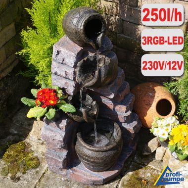 230V - Gartenbrunnen TONZIEGEL & KRÜGE mit 3 RGB LED-Licht-230V 