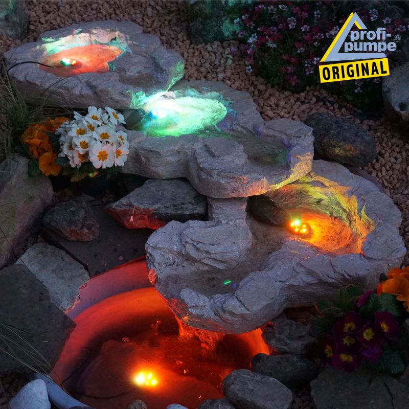 Bachlauf QUELLBACH II sandstein, 3-teilig mit 4 RGB LED-Licht-230V Wasserfall Bachlauf Bachlaufschale Wasserkaskade Wasserfall in Naturstein-Optik, Garten Bachlaufelemente Gartenteich, Brunnen, Kaskade, Springbrunnen