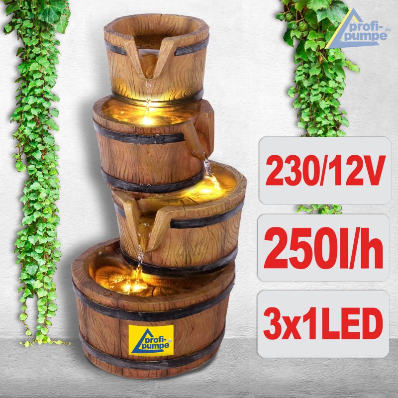 230V - Gartenbrunnen HOLZ-KRUG mit LED-Licht 