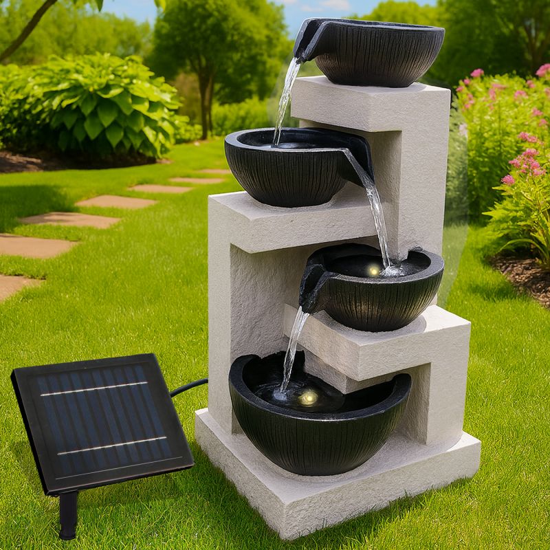 Solar Gartenbrunnen WASSERSCHALEN-KASKADE mit LED-Licht und Li-Ion-Akku