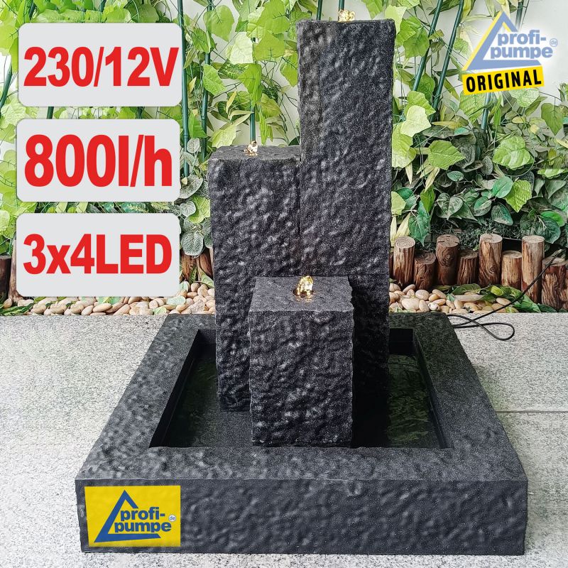 230V - Gartenbrunnen & Wasserspiel TRIO-BASALT-2 dunkel mit LED-Licht