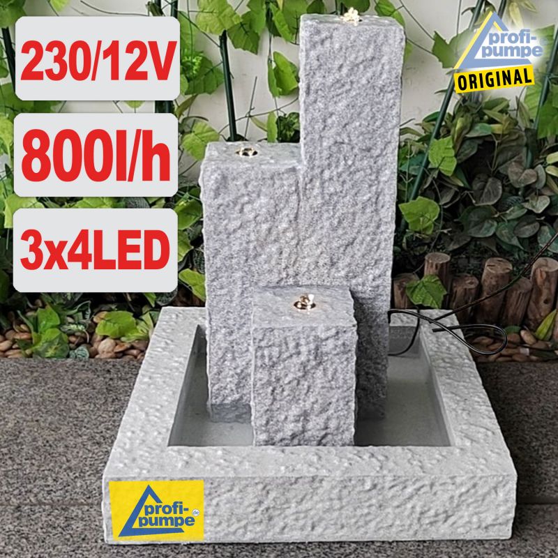 230V - Gartenbrunnen & Wasserspiel TRIO-BASALT-2 grau mit LED-Licht