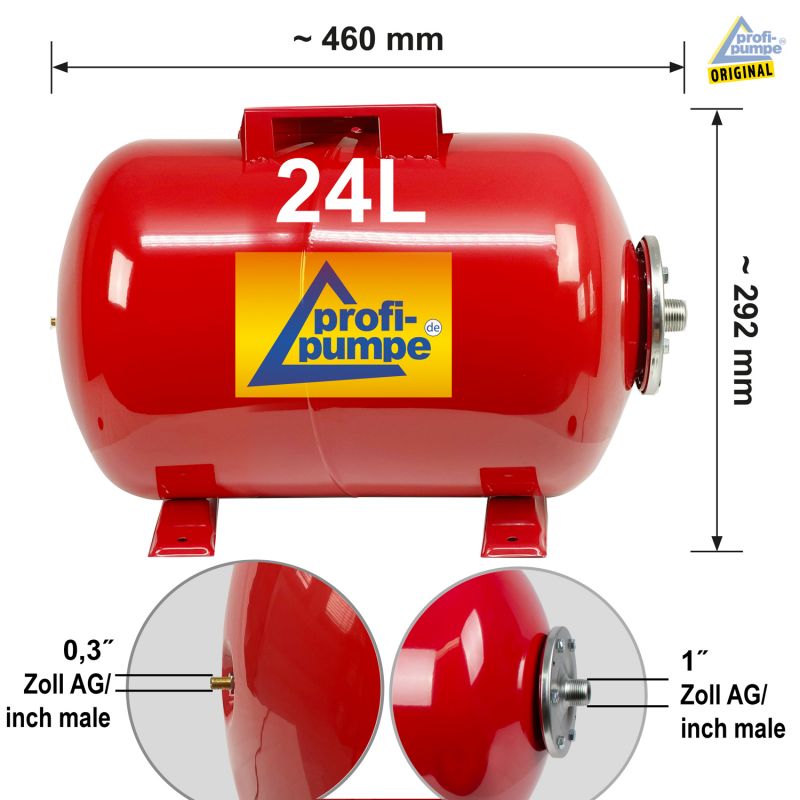 Drucktank Ausdehnungsgefäß, Kohlenstoffstahl, 24L - Abmessungen Drucktank Ausdehnungsgefäß, Kohlenstoffstahl, 24L - Abmessungen