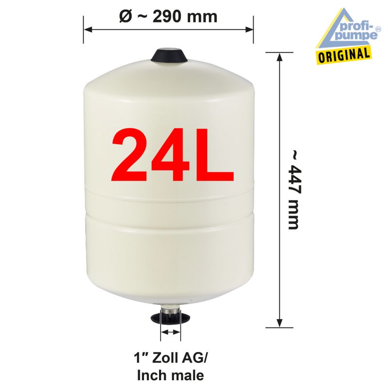 Drucktank Ausdehnungsgefäß, Polypropylen, 24L - Abmessungen Drucktank Ausdehnungsgefäß, Polypropylen, 24L - Abmessungen