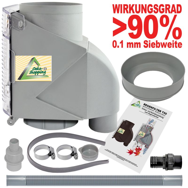 Filter T 50 grau inkl. DN50 Anschluss-Set grau REGENSAMMLER REGENWASSER SAMMLER FÜLLAUTOMAT FALLROHRFILTER, Laubabscheider