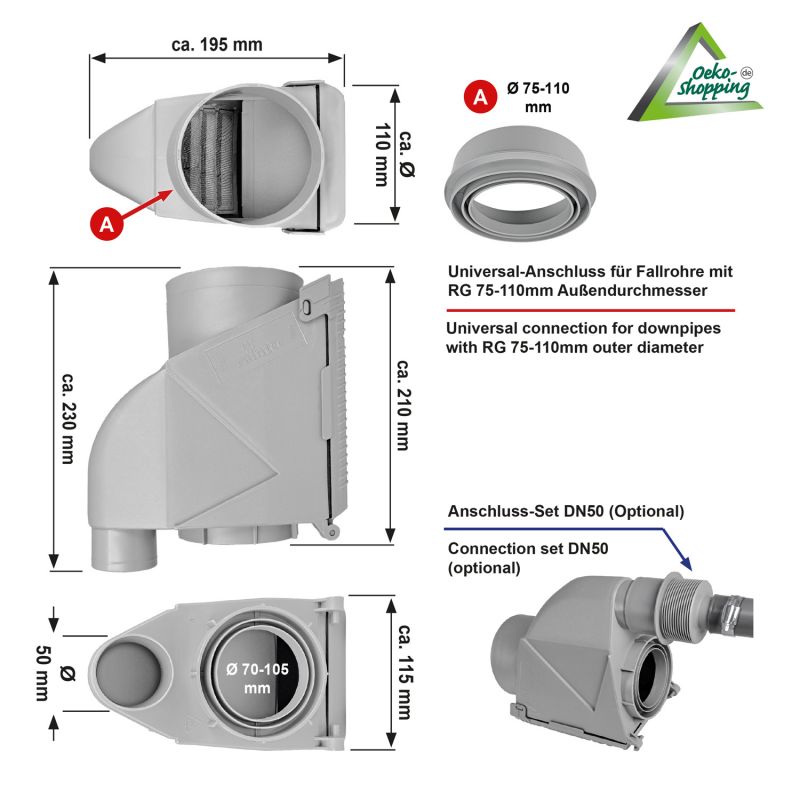 Fallrohrfilter T50 - Abmessungen und Anschlüsse Fallrohrfilter