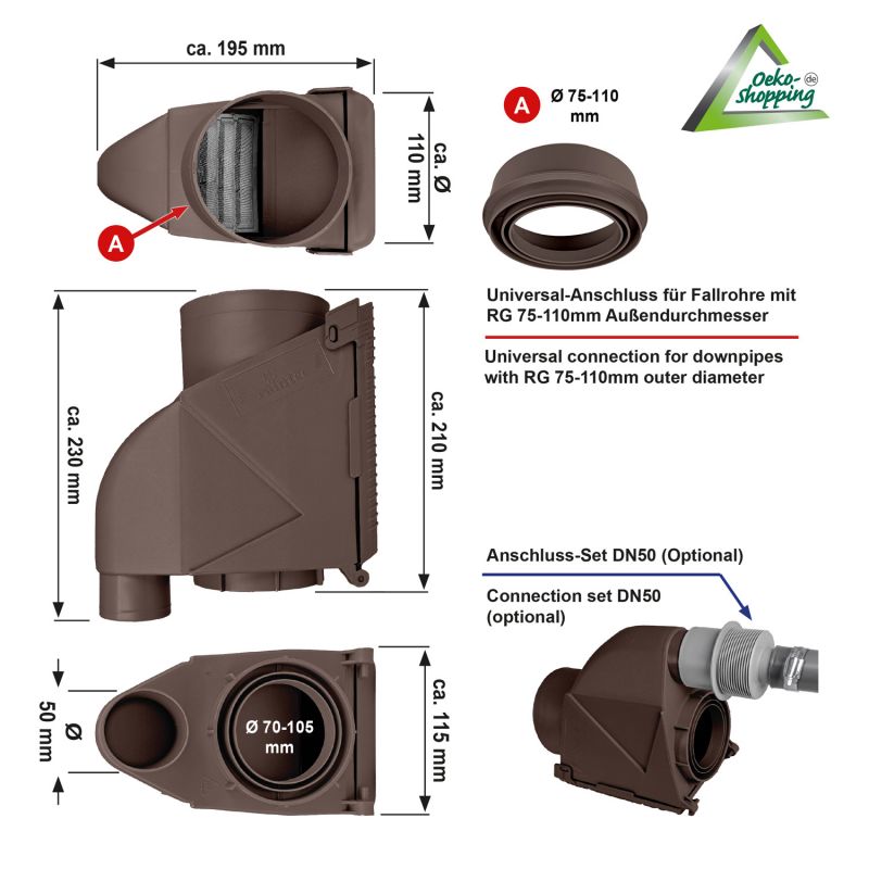 T50 Regenfilter Braun Regen-Filter T 50 Kupfer-Braun, Regenfilter, REGENSAMMLER REGENWASSER SAMMLER FÜLLAUTOMAT FALLROHRFILTER REGEN, Laubabscheider