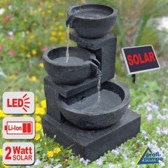  Solar-Brunnen GRANITSCHALEN-KASKADE-2 mit LiIon-Akku und LED-Licht