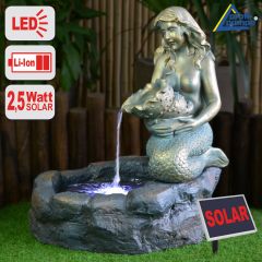 Solar - Teichbrunnen MEERJUNGFRAU am TEICH-3 mit LiIon-Akku & LED Licht