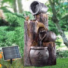 Solar - Brunnen Wasserspiel BAUMSTUMPF & TONKRÜGE-3 mit Li-Ion-Akku & LED-Licht (Neu)