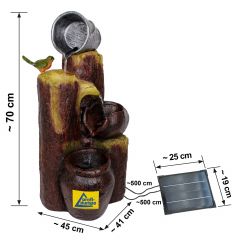 Solar - Brunnen Wasserspiel BAUMSTUMPF & TONKRÜGE-3 mit Li-Ion-Akku & LED-Licht (Neu)