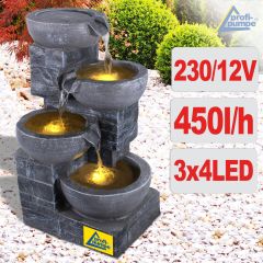 230V - Gartenbrunnen & Wasserspiel GRANITSCHALEN-KASKADE-4 mit LED-Licht