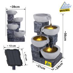 Solar - Gartenbrunnen & Wasserspiel GRANITSCHALEN-KASKADE-4 mit LED-Licht und Li-Ion-Akku