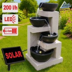 Solar Gartenbrunnen WASSERSCHALEN-KASKADE mit LED-Licht und Li-Ion-Akku